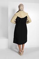 Tesettür giyim SİYAH İKİ RENKLİ BELDEN BÜZGÜLÜ KAPÜŞONLU TRENÇKOT 7775