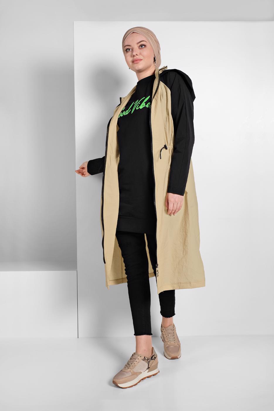 Hijab clothing BEIGE SMOCKED-WAIST HOODED TRENCH-COAT  7775 