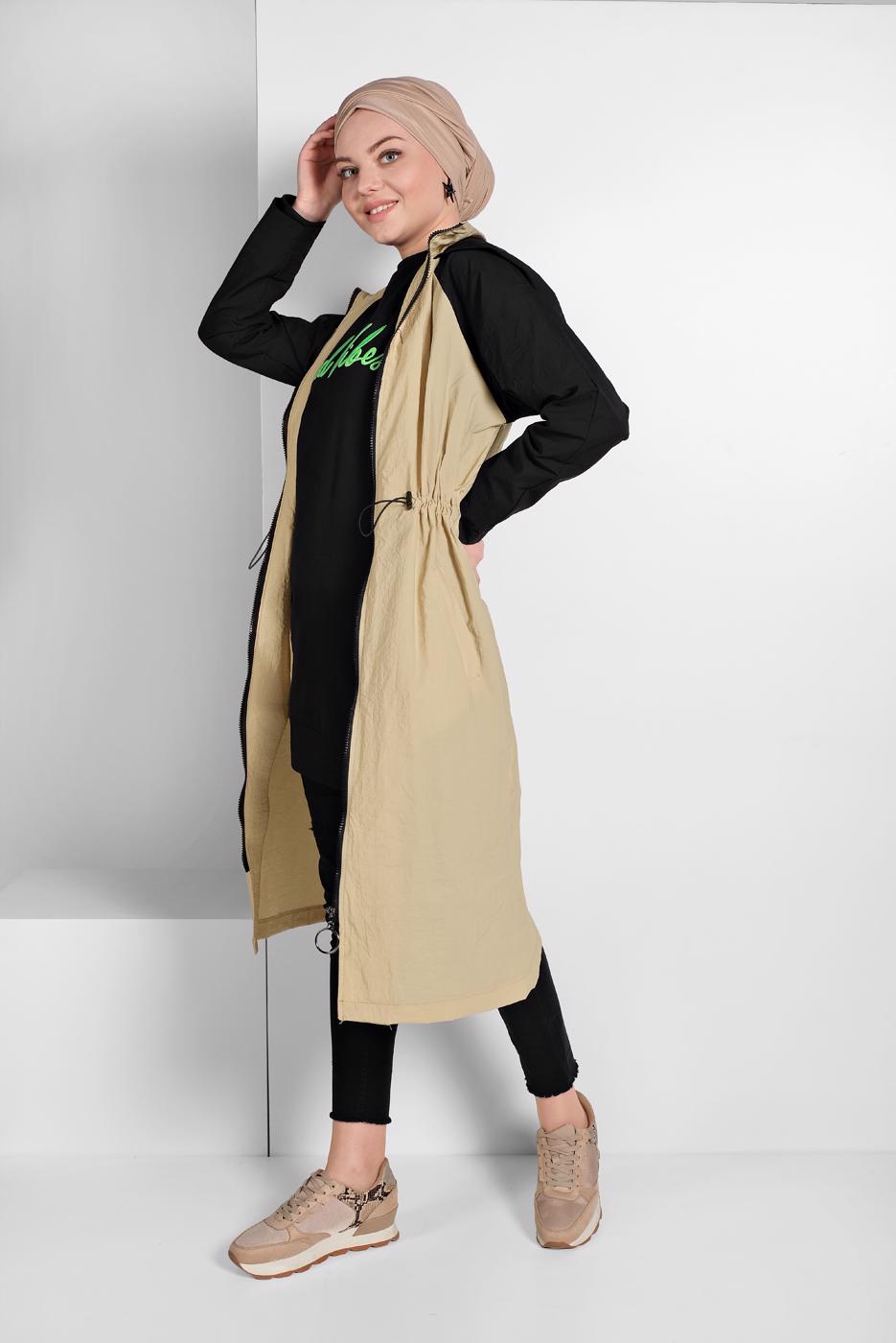 Hijab clothing BEIGE SMOCKED-WAIST HOODED TRENCH-COAT  7775 