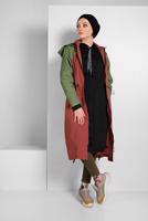 Tesettür giyim TURUNCU İKİ RENKLİ BELDEN BÜZGÜLÜ KAPÜŞONLU TRENÇKOT 7775