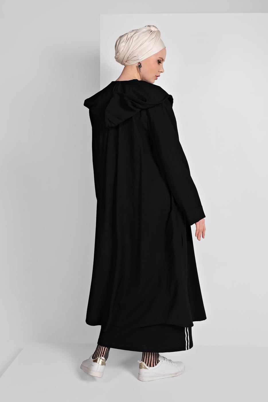 Tesettür giyim SİYAH YAKA KISMI BAĞCIKLI CEPLİ TRENÇKOT 9403