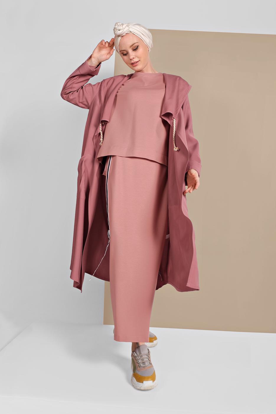Hijab clothing PINK HOODED TRENCH-COAT 9403 