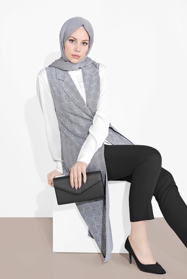 Tesettür giyim SİYAH ALVİNA ASİMETRİK KESİM YELEK 4092 - TRENDTESETTÜR