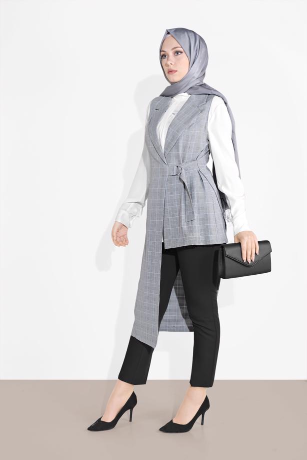 Tesettür giyim SİYAH ALVİNA ASİMETRİK KESİM YELEK 4092 - TRENDTESETTÜR