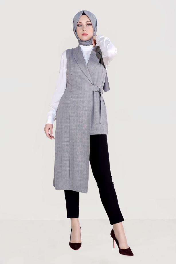 Tesettür giyim SİYAH ALVİNA ASİMETRİK KESİM YELEK 4092 - TRENDTESETTÜR