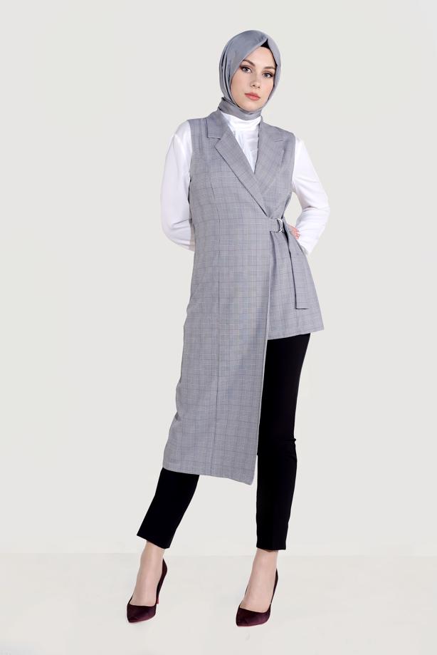 Tesettür giyim SİYAH ALVİNA ASİMETRİK KESİM YELEK 4092 - TRENDTESETTÜR