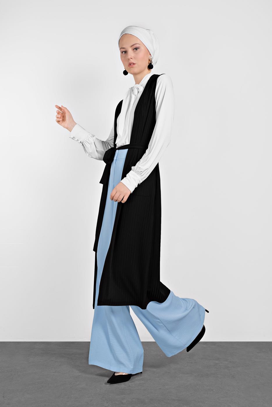 Tesettür giyim SİYAH ALVİNA KUŞAKLI FİTİLLİ YELEK 4182