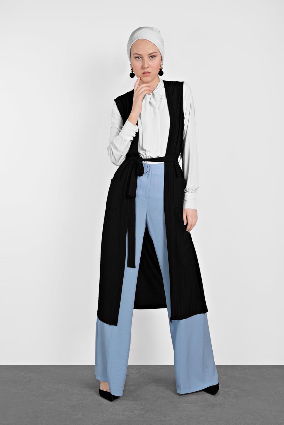 Tesettür giyim SİYAH ALVİNA KUŞAKLI FİTİLLİ YELEK 4182