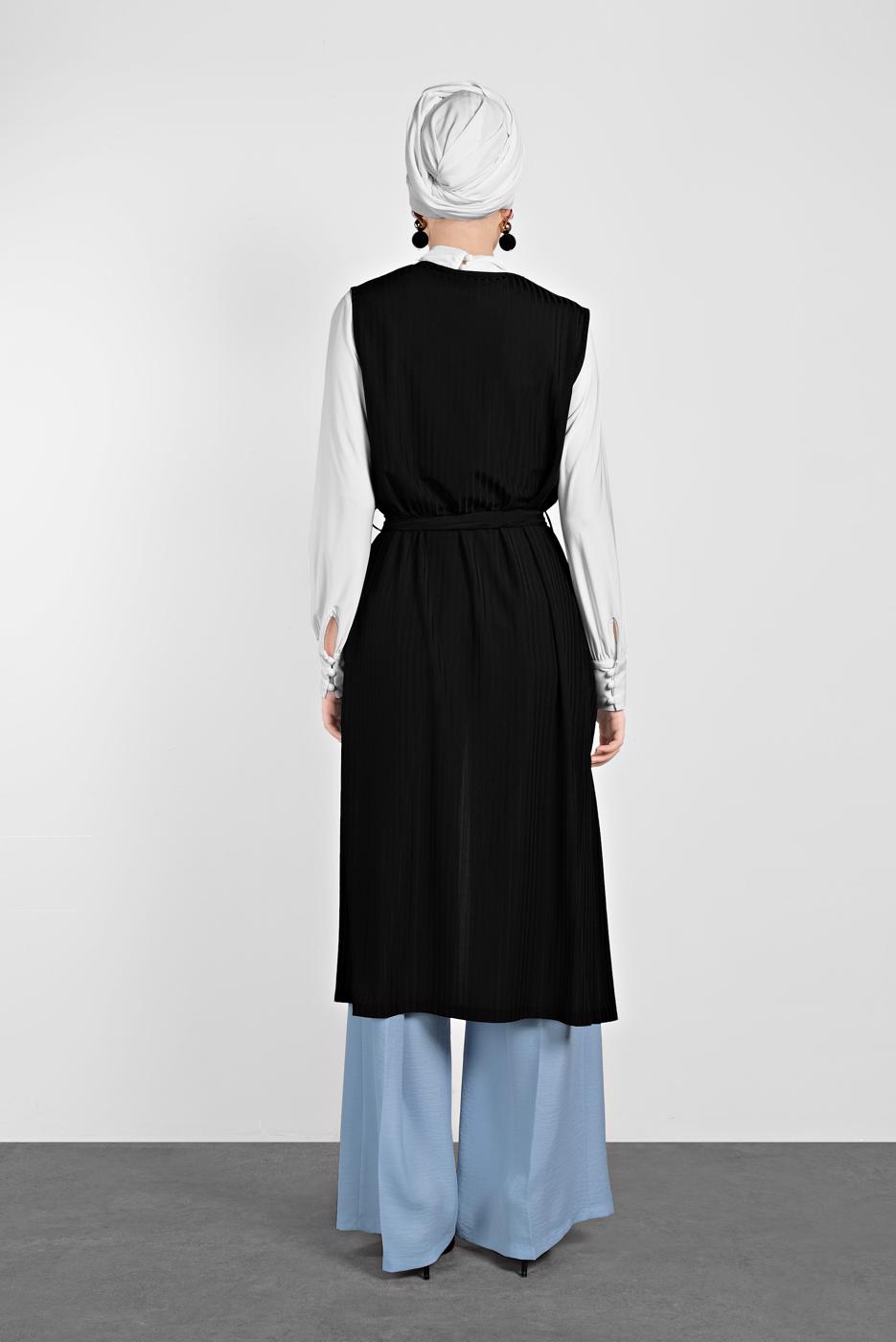 Tesettür giyim SİYAH ALVİNA KUŞAKLI FİTİLLİ YELEK 4182