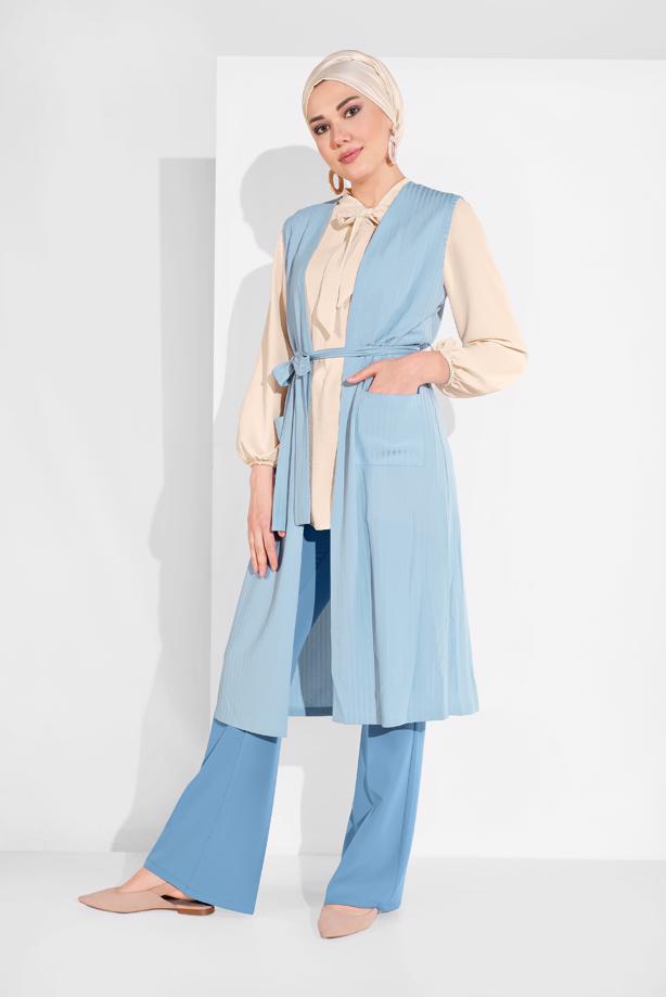 Vêtements hijab BLEU ALVINA GILET CÔTELÉ AVEC CEINTURE  4182   - TRENDTESETTÜR