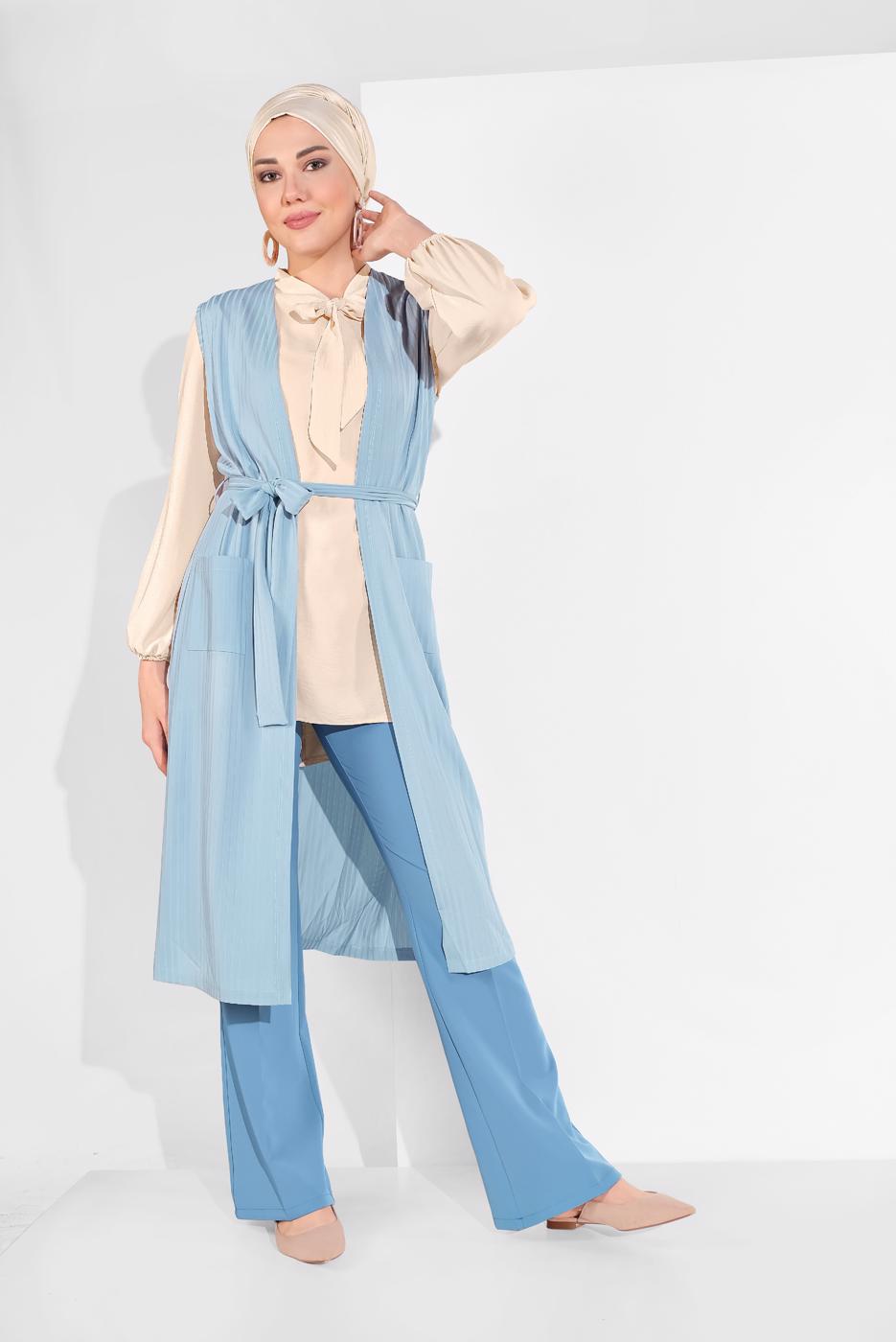 Vêtements hijab BLEU ALVINA GILET CÔTELÉ AVEC CEINTURE  4182  
