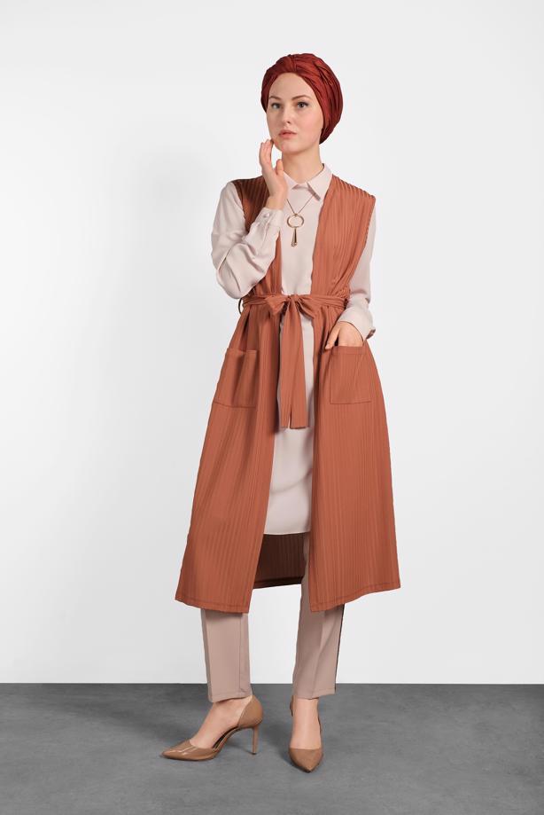 Vêtements hijab BRUN ALVINA GILET CÔTELÉ AVEC CEINTURE  4182   - TRENDTESETTÜR