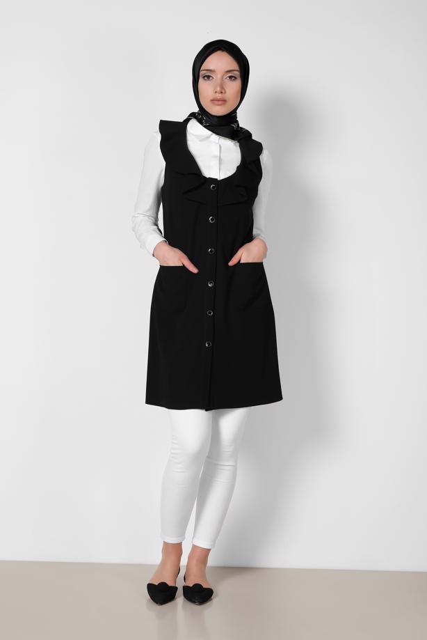 Tesettür giyim SİYAH ALVİNA YAKASI VOLANLI YELEK T 4184 - TRENDTESETTÜR