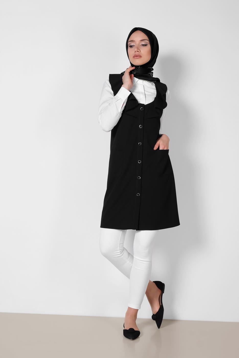 Tesettür giyim SİYAH ALVİNA YAKASI VOLANLI YELEK T 4184
