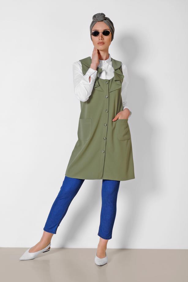 Tesettür giyim HAKİ ALVİNA YAKASI VOLANLI YELEK T 4184 - TRENDTESETTÜR