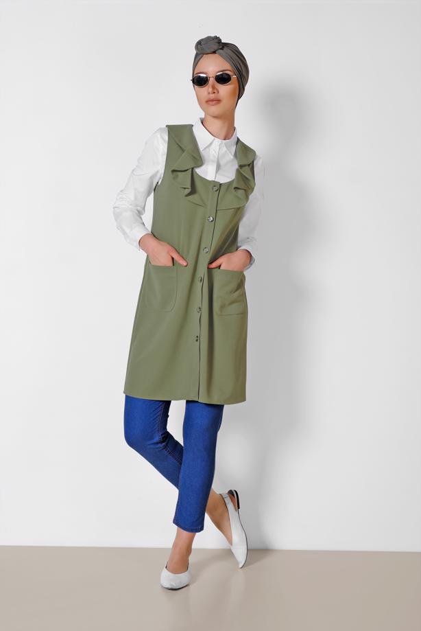 Tesettür giyim HAKİ ALVİNA YAKASI VOLANLI YELEK T 4184 - TRENDTESETTÜR