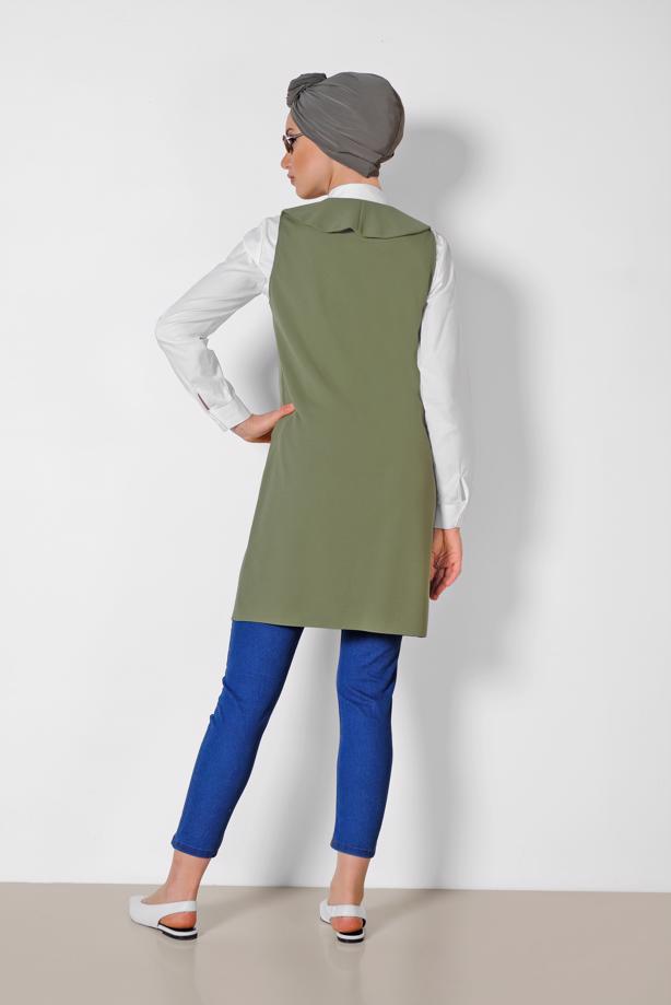 Tesettür giyim HAKİ ALVİNA YAKASI VOLANLI YELEK T 4184 - TRENDTESETTÜR