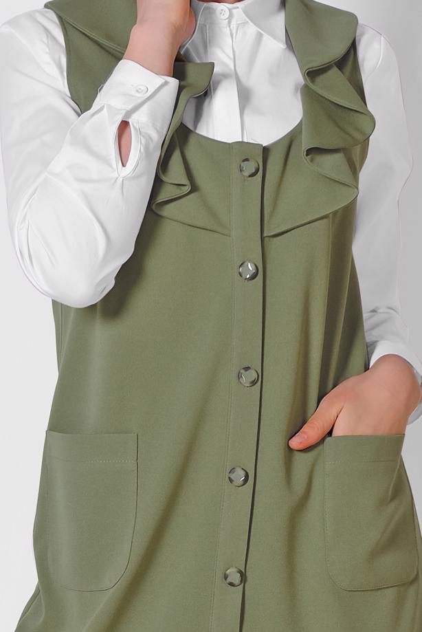 Tesettür giyim HAKİ ALVİNA YAKASI VOLANLI YELEK T 4184 - TRENDTESETTÜR