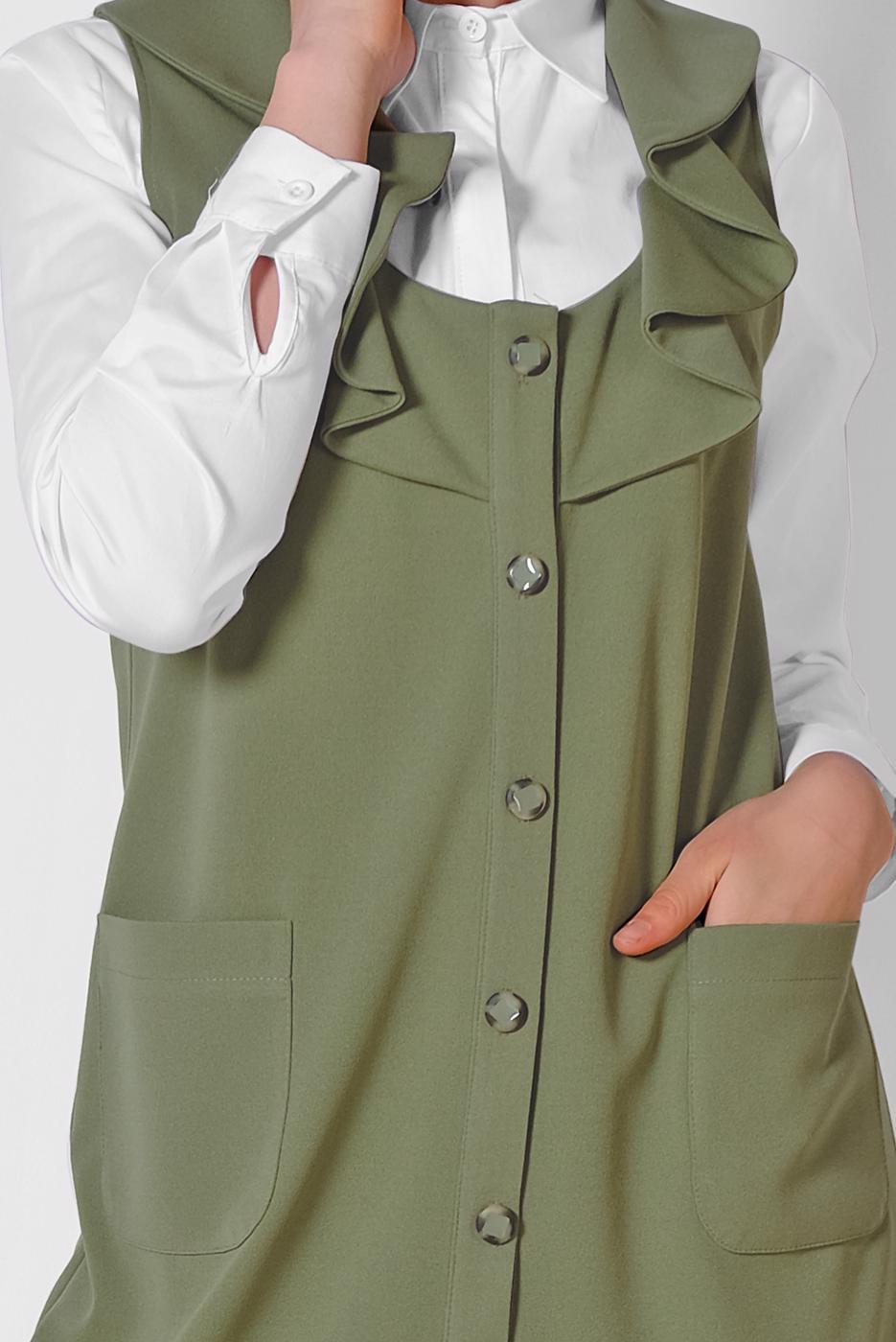 Tesettür giyim HAKİ ALVİNA YAKASI VOLANLI YELEK T 4184