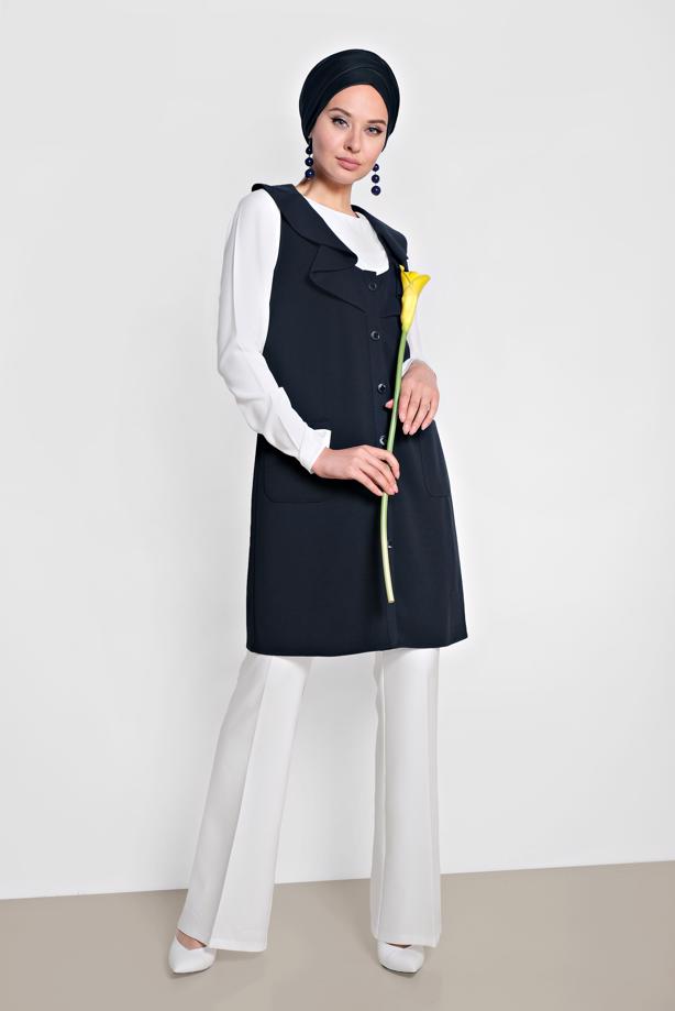 Tesettür giyim LACİVERT ALVİNA YAKASI VOLANLI YELEK T 4184 - TRENDTESETTÜR