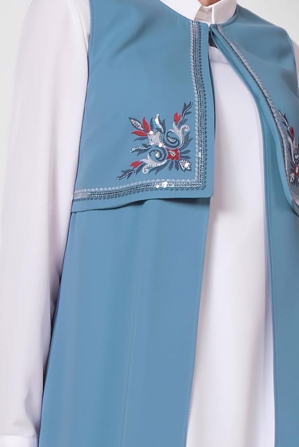 Tesettür giyim MAVİ ALVİNA NAKIŞ DETAYLI YELEK T 4248 - TRENDTESETTÜR