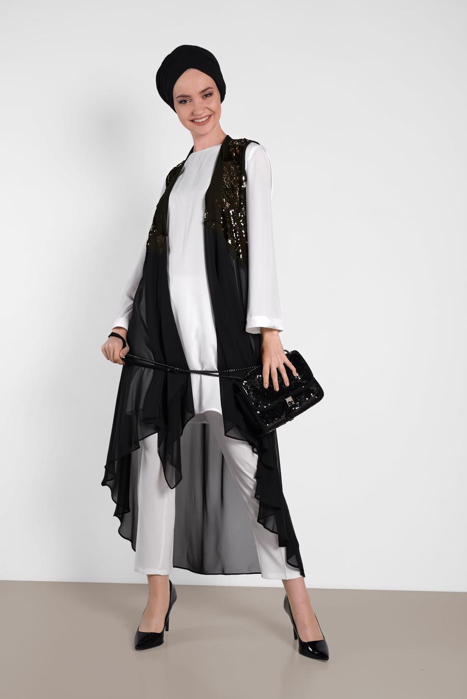 Tesettür giyim SİYAH ALVİNA PUL PAYETLİ YELEK T 4283