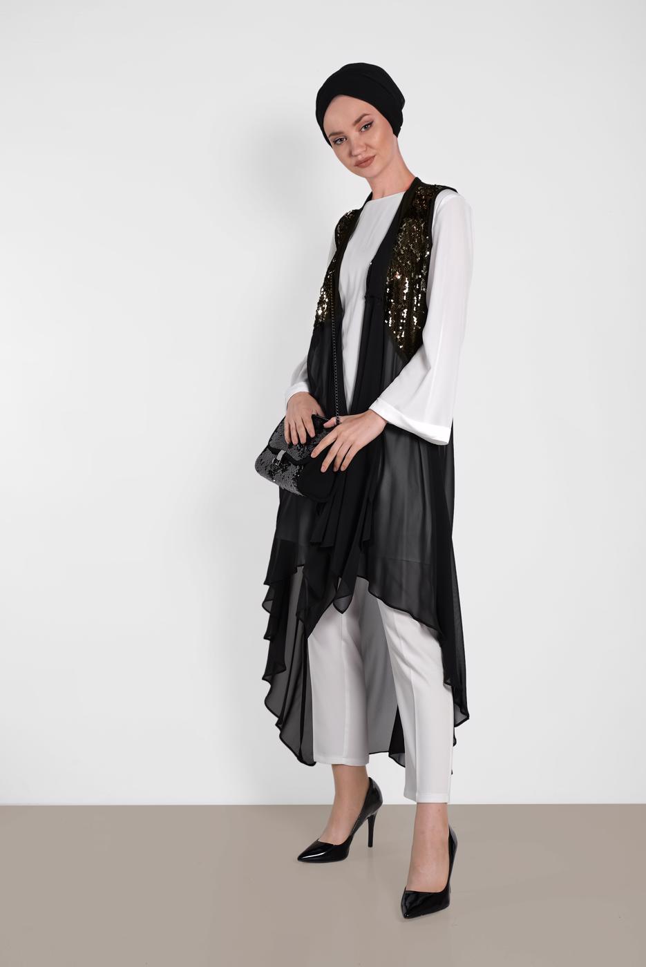 Tesettür giyim SİYAH ALVİNA PUL PAYETLİ YELEK T 4283