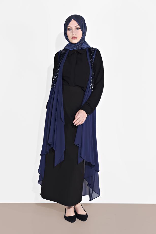 Tesettür giyim LACİVERT ALVİNA PUL PAYETLİ YELEK T 4283 - TRENDTESETTÜR