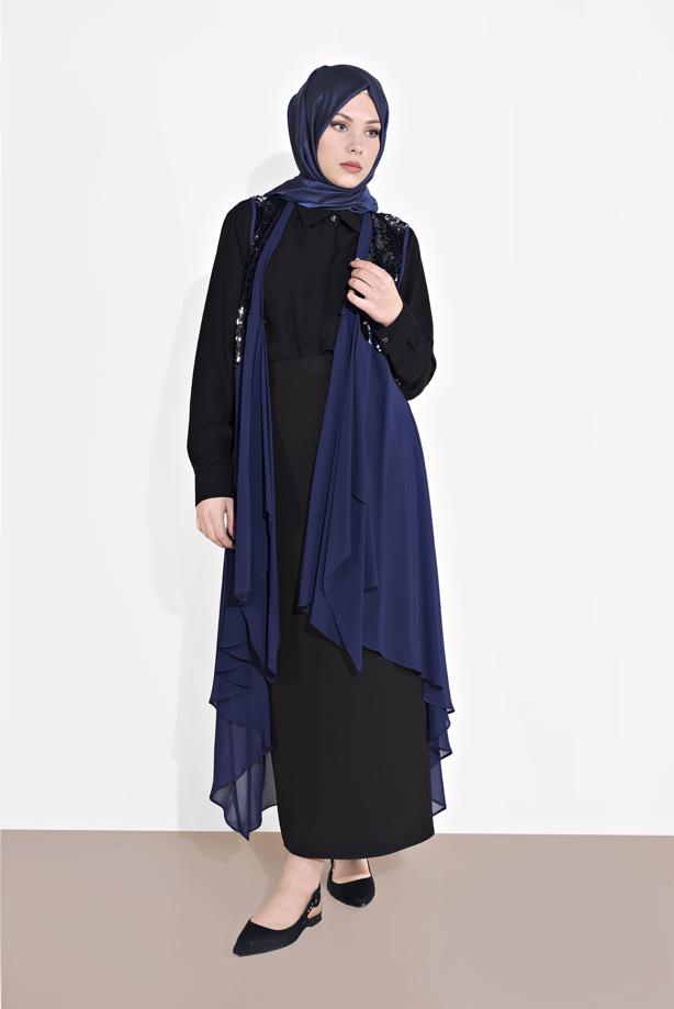 Tesettür giyim LACİVERT ALVİNA PUL PAYETLİ YELEK T 4283 - TRENDTESETTÜR
