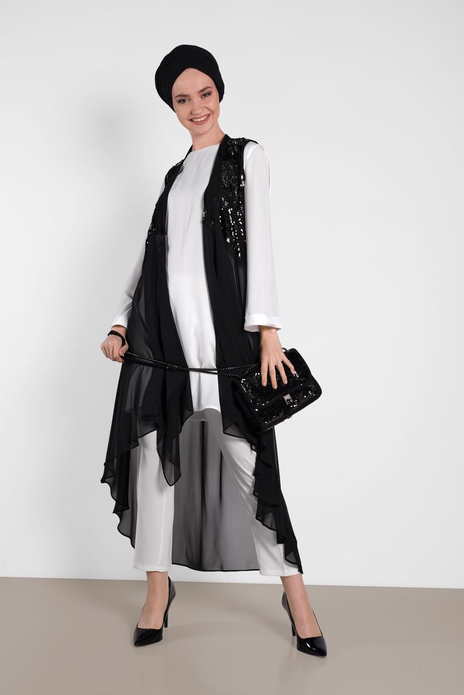 Tesettür giyim SİYAH ALVİNA PUL PAYETLİ YELEK T 4283