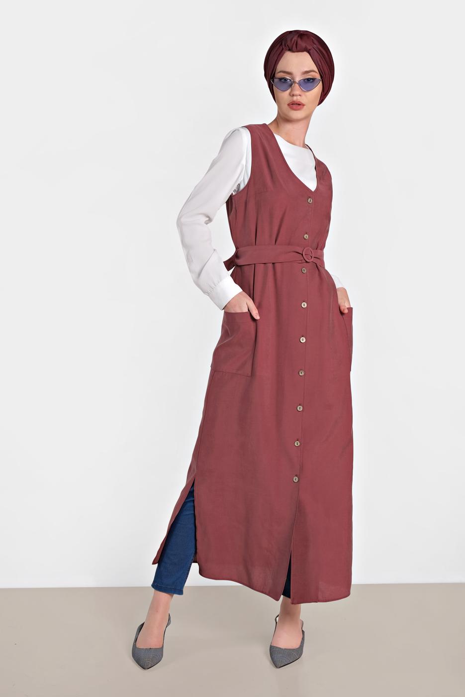 Vêtements hijab ROUGE BORDEAUX GILET À BOUTONNÉ AVEC CEINTURE 4451