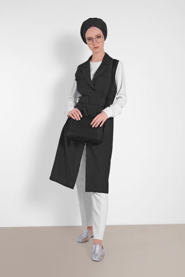 Tesettür giyim SİYAH SAFARİ KEMERLİ YELEK 4452 - TRENDTESETTÜR