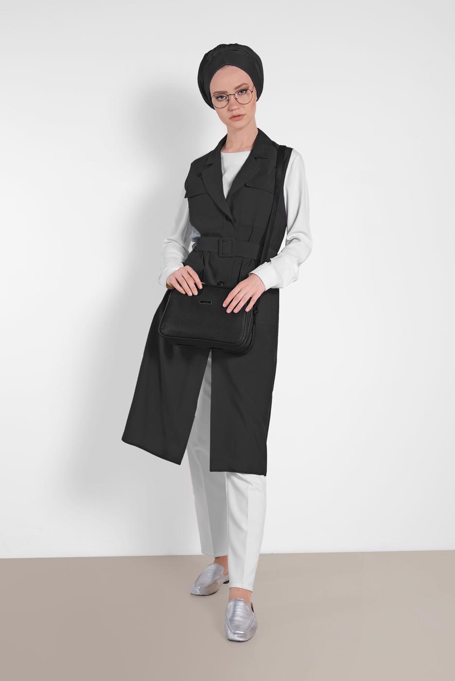 Tesettür giyim SİYAH SAFARİ KEMERLİ YELEK 4452