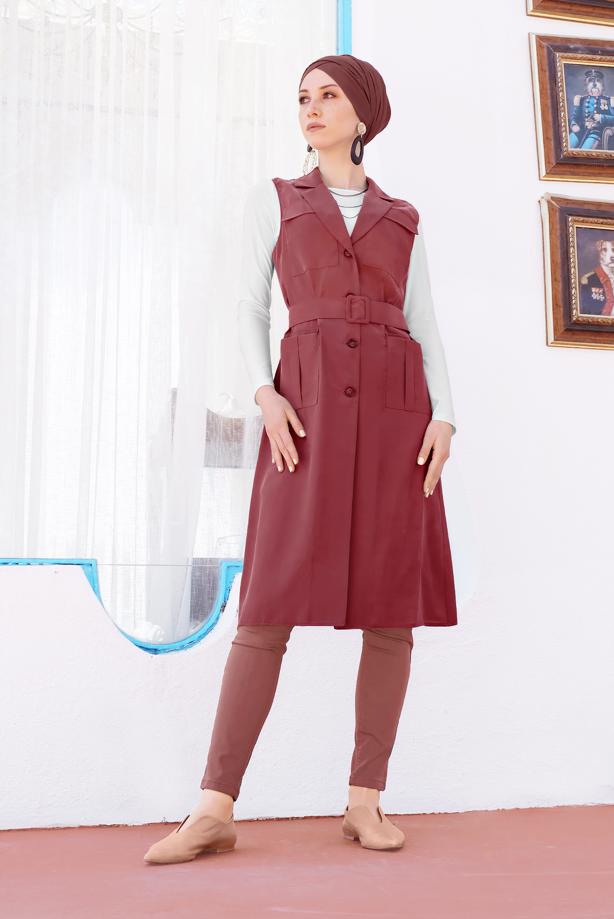 Tesettür giyim BORDO SAFARİ KEMERLİ YELEK 4452 - TRENDTESETTÜR