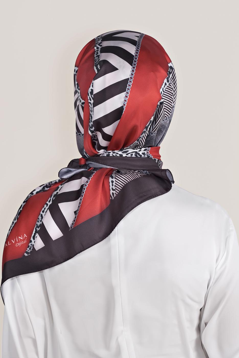 Tesettür giyim KIRMIZI ALVİNA DİJİTAL TWİLL EŞARP 8024 