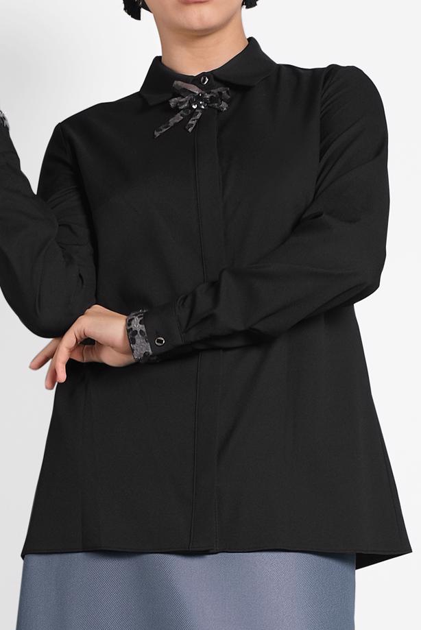 Tesettür giyim SİYAH  ALVİNA YAKASI BAĞLI BLUZ 40266 - TRENDTESETTÜR