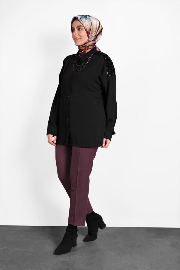 Vêtements hijab NOIR ALVINA CHEMISIER À EMBELLI 40335  - TRENDTESETTÜR