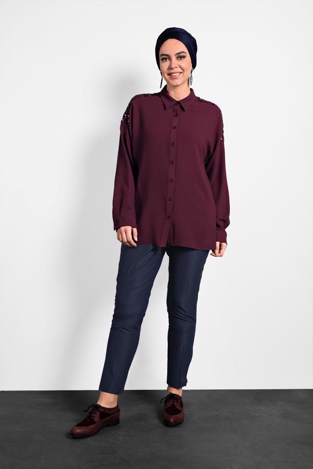 Vêtements hijab ROUGE BORDEAUX ALVINA CHEMISIER À EMBELLI 40335  - TRENDTESETTÜR