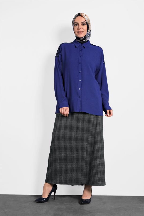 Vêtements hijab BLEU MARINE ALVINA CHEMISIER À EMBELLI 40335  - TRENDTESETTÜR