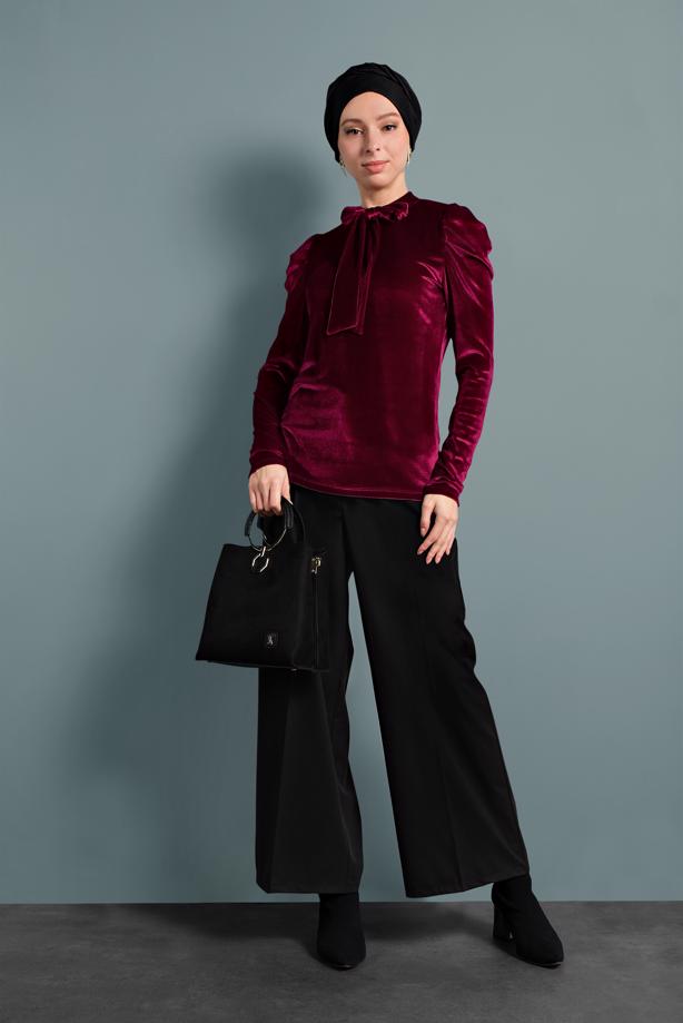 Hijab clothing CLARET RED ALVINA TIE-COLLAR CHIFFON BLOUSE 40404  - TRENDTESETTÜR