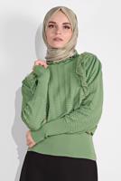 Tesettür giyim YEŞİL YAKASI VE ÖNÜ FIRFIRLI TRİKO KAZAK 46341