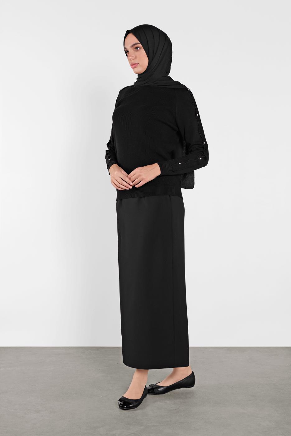 Tesettür giyim SİYAH TAŞ İŞLEMELİ SİM DETAYLI TRİKO KAZAK  3232 
