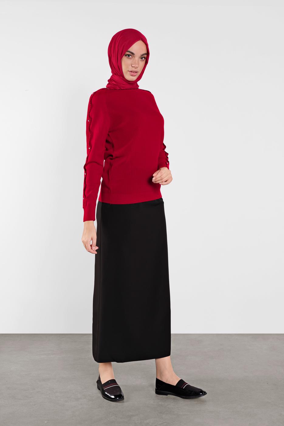 Tesettür giyim KIRMIZI TAŞ İŞLEMELİ SİM DETAYLI TRİKO KAZAK  3232 