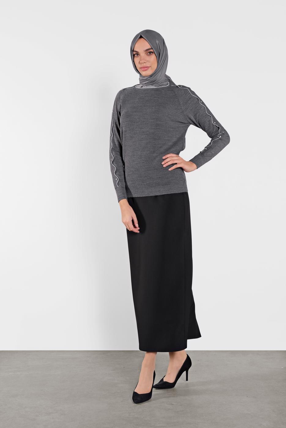 Tesettür giyim GRİ TAŞ İŞLEMELİ SİM DETAYLI TRİKO KAZAK  3232 