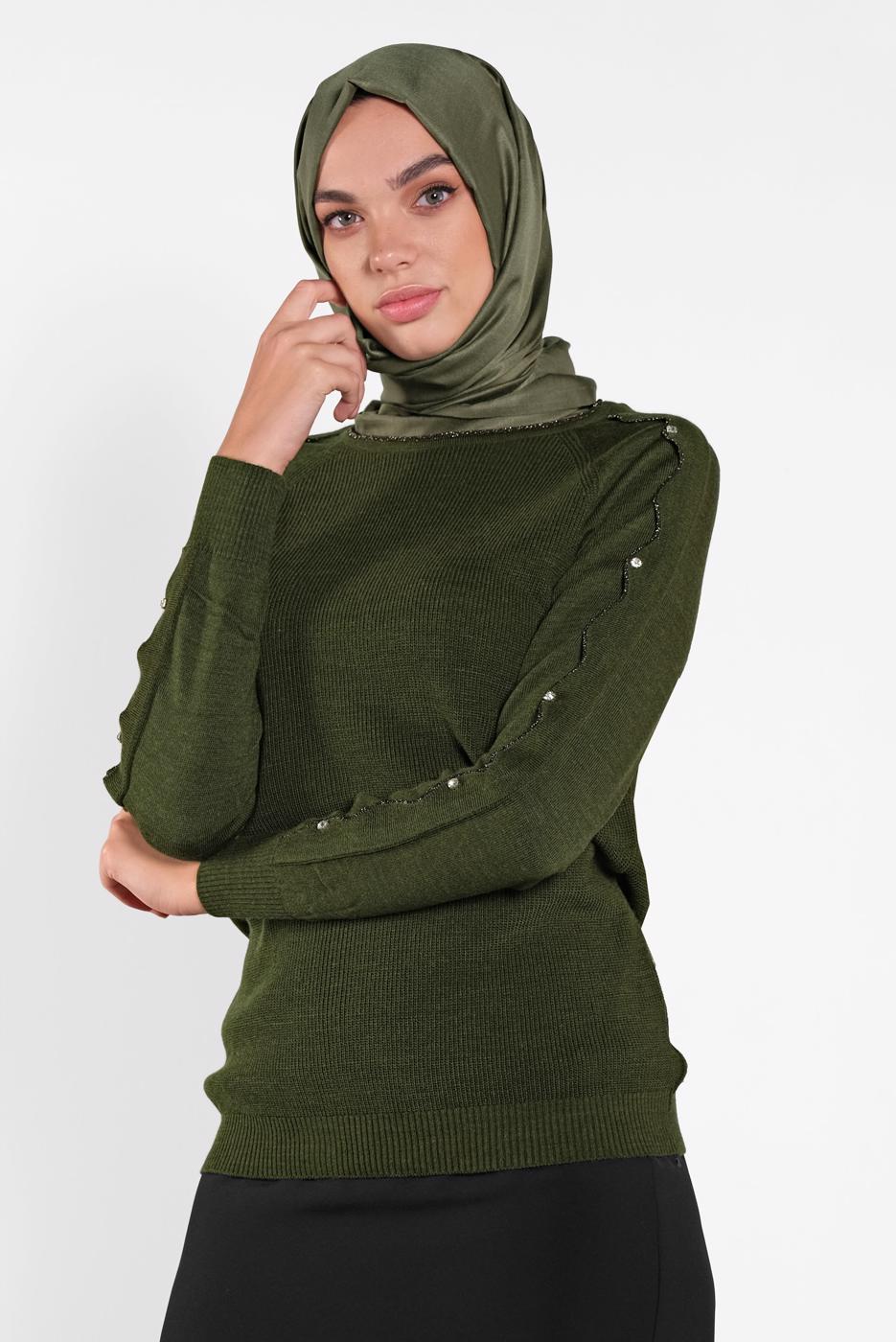 Tesettür giyim HAKİ TAŞ İŞLEMELİ SİM DETAYLI TRİKO KAZAK  3232 