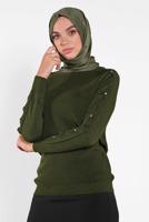 Tesettür giyim HAKİ TAŞ İŞLEMELİ SİM DETAYLI TRİKO KAZAK  3232 