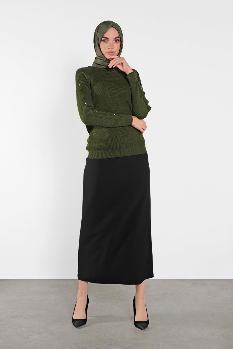 Tesettür giyim HAKİ TAŞ İŞLEMELİ SİM DETAYLI TRİKO KAZAK  3232 
