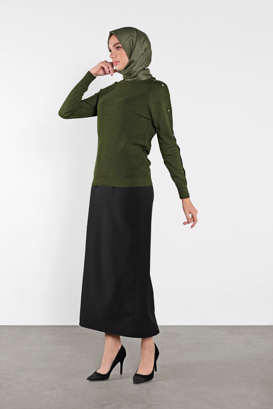 Tesettür giyim HAKİ TAŞ İŞLEMELİ SİM DETAYLI TRİKO KAZAK  3232 