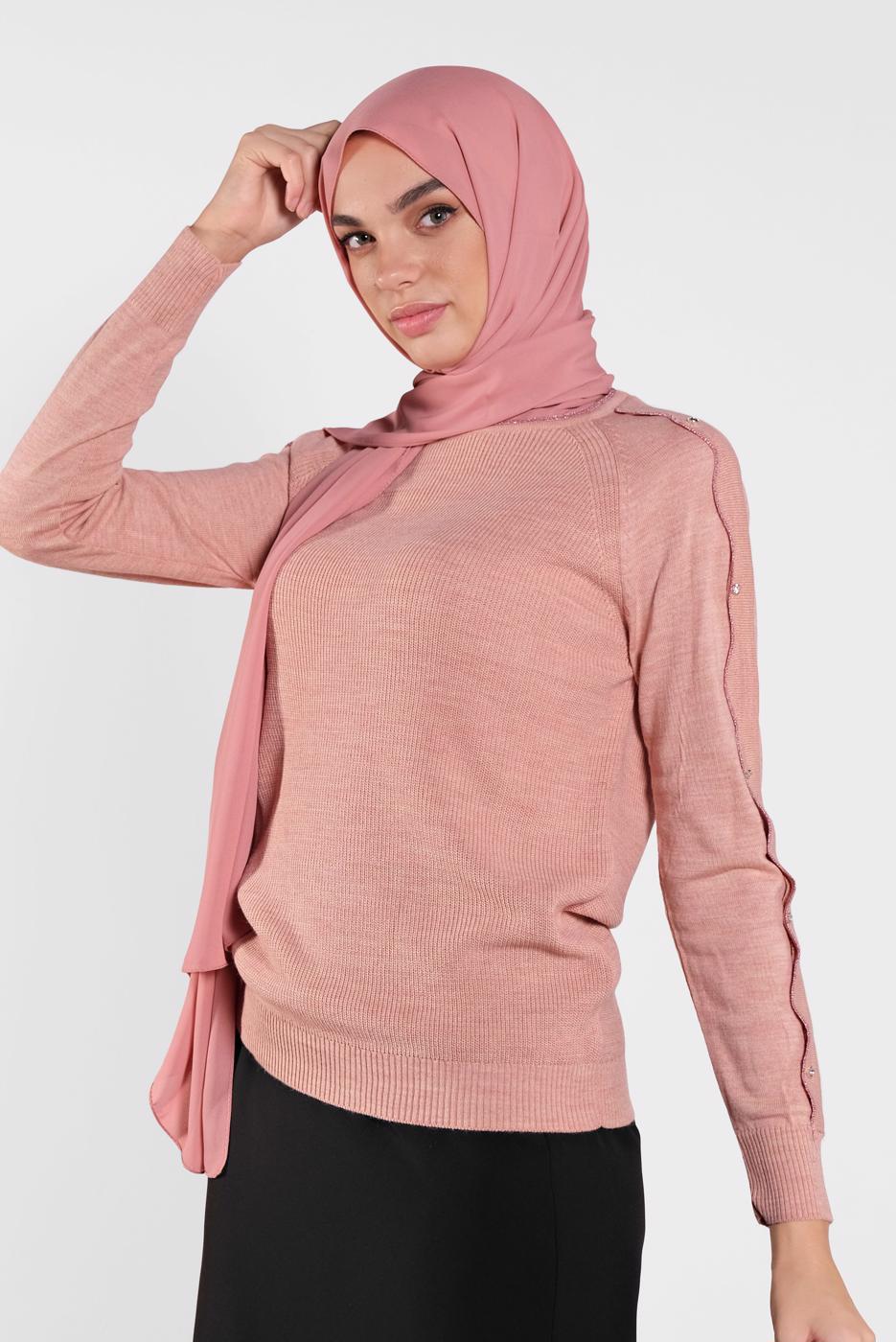 Tesettür giyim PUDRA TAŞ İŞLEMELİ SİM DETAYLI TRİKO KAZAK  3232 