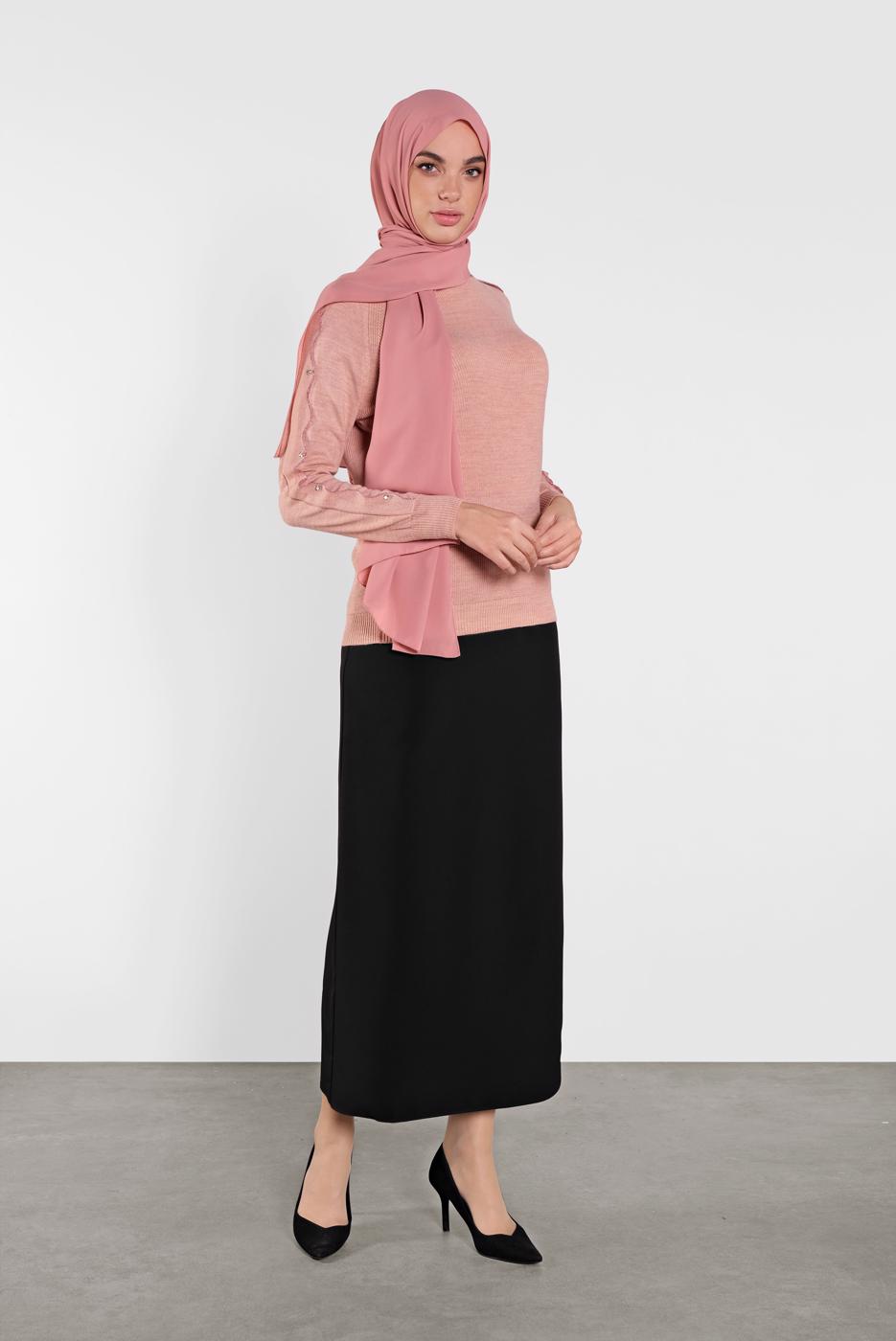 Tesettür giyim PUDRA TAŞ İŞLEMELİ SİM DETAYLI TRİKO KAZAK  3232 